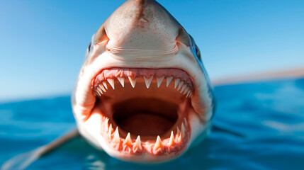 Naklejka premium A playful underwater scene featuring a smiling shark with sharp teeth, surrounded by coral. The vivid marine setting and fantasy-inspired design create a mesmerizing ocean concept.