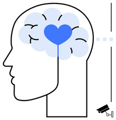 Outline of head with brain, heart inside depicts emotional intelligence. Mortarboard and key near support knowledge. Ideal for education, psychology, empathy, personal growth, decision-making
