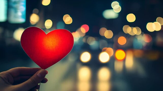 Hand holding a red heart in a vibrant urban setting at night with blurred lights