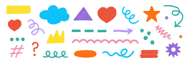 A crayon or pastel style, the vector set of colorful hand-drawn doodles with geometric shapes, squiggles, stars, hearts, arrows, and abstract elements creates a playful and naive look.	