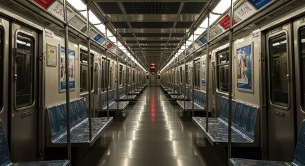 Naklejka premium Empty subway train interior showcasing modern underground transit system, perfect for urban exploration enthusiasts.