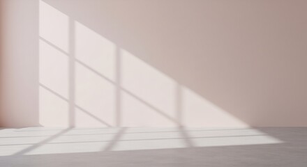 Fototapeta premium Empty room interior with sunlight and window shadow on beige wall. Minimalist design concept. Clean space for product display or architectural visualization.