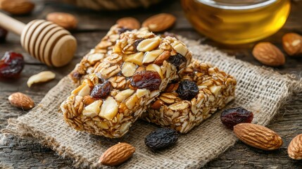 A paleo-approved protein bar with almonds, honey, and dried fruit on a rustic table.