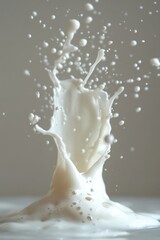Dynamic Milk Splash Captured in Mid-Air Against a Neutral Background with Droplets Suspended in Motion