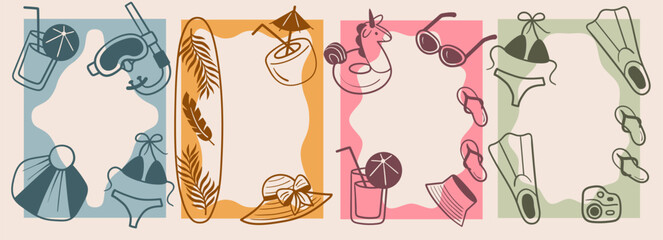 Hand-drawn doodle postcard set of beach vacation items in frames, including surfboard, bikini, sunglasses, and snorkel gear, perfect for summer decor, travel designs, and tropical themes