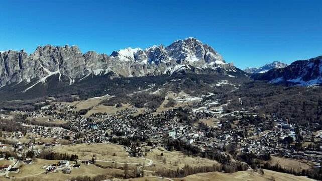 Drone fly above Cortina d&rsquo;Ampezzo is a ski resort in northern Italy. It&rsquo;s part of the Dolomiti Superski area