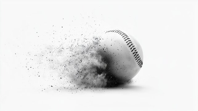 A powerful monochrome image depicts a baseball exploding into dust particles against a stark white background showcasing the impact and disintegration of the ball in dynamic
