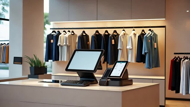 Modern Retail Store Checkout Counter with Digital Point of Sale System and Stylish Clothing Display in a Fashion Boutique

