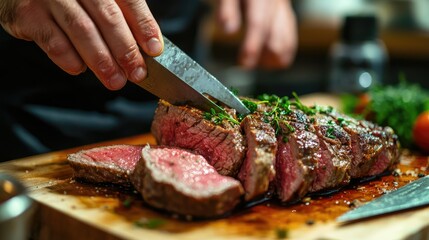 A person slicing grass-fed steak for a paleo dish in the kitchen.
