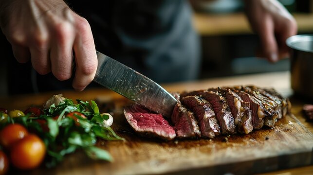 A person slicing grass-fed steak for a paleo dish in the kitchen.