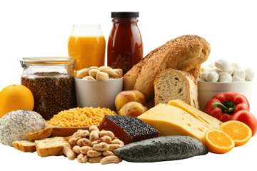 Assorted Food Ingredients on Table with Juices and Snacks