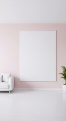Minimalist living room interior with blank canvas on pink wall. Modern home decor with white sofa and plant. Scandinavian style mockup for artwork or poster design