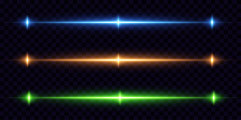 Set of colored glowing lines. High quality rays, realistic highlights. Horizontal lines.