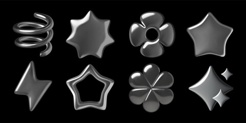 3d Chrome abstract geometric stickers set. Silver metallic flower and stars shapes, spring and lightning bolt y2k vector design elements.