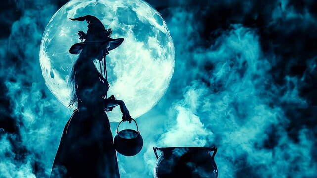 Mysterious witch brewing potion under full moon surrounded by smoke in dark night