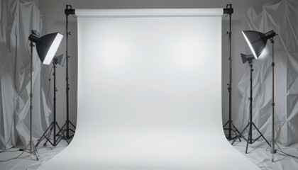 clean and spacious photography studio setup featuring white backdrop, softbox lights, and minimalist design, perfect for