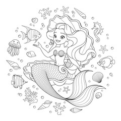 Beautiful mermaid in a seashell surrounded with fishes, corals and shells. Vector coloring page.