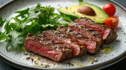 A plate of grilled lean beef steak, with a side of avocado and leafy greens.