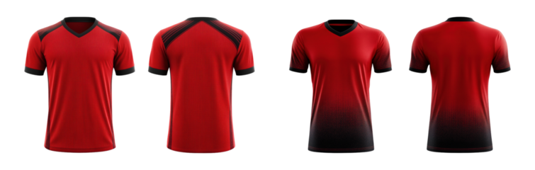 Red and black jersey template for team clubs, jersey sport, front and back isolated on a transparent background, cut out, png, Tshirt mockup sports jersey template design