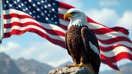 Bald eagle with USA flag, 4th of July, Independence day Of United States. Greeting design crystal style with USA patriotic colors