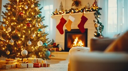 Christmas celebration with decorated tree cozy living room holiday scene warm ambiance festive vibes