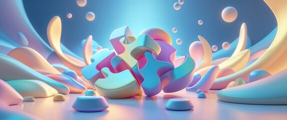 Fototapeta premium Puzzle pieces representing teamwork come together in a bright, minimalist 3D setting filled with flowing shapes and soft colors, creating an inviting atmosphere for collaboration