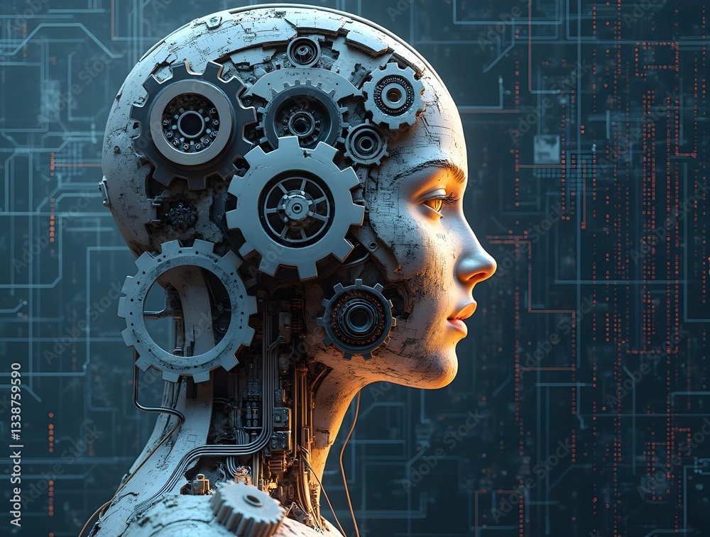 Poster Detailed cyborg head with visible gears and circuitry, blending human features with mechanical elements