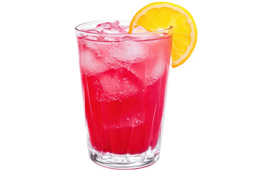 Refreshing pink lemonade in a glass with ice and lemon slice