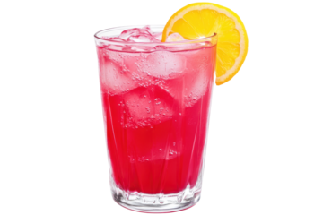 Refreshing pink lemonade in a glass with ice and lemon slice