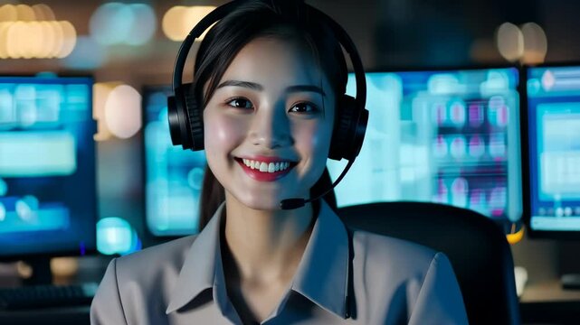 A skilled female call center agent expertly uses a headset and navigates multiple computer screens, showcasing her impressive competence and performance in the current business technology landscape