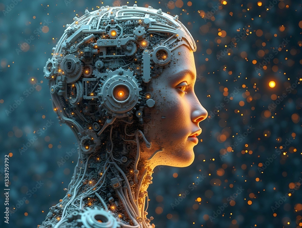Poster detailed cyborg head with visible gears and circuitry, blending human features with mechanical eleme