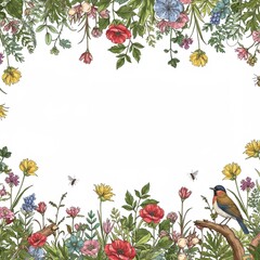 Beautiful floral border illustration with colorful wildflowers and a bird, perfect for spring designs.