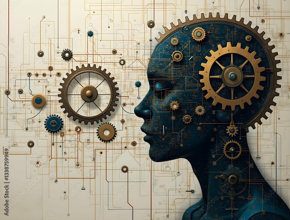 Poster Detailed cyborg head with visible gears and circuitry, blending human features with mechanical elements