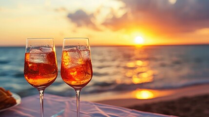 A romantic beachside setting with two Spritz cocktails resting on a table as the couple toasts.