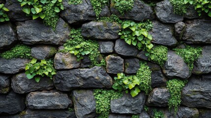 Rustic Stone Wall Covered With Green Plants Under Bright Daylight