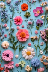 Artistic Floral Arrangement on Light Blue Background Featuring Vibrant Spring Flowers and Delicate Greenery for Botanical Beauty