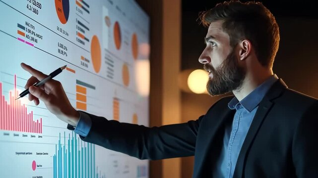 A skilled business analyst uses advanced graphs and detailed charts to present insights from complex data in impactful presentations to stakeholders, ensuring clarity and audience engagement