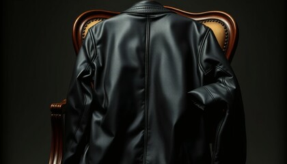 Elegant Black Leather Jacket Draped Over a Classic Armchair in Studio