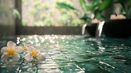 A serene spa background with tropical flowers, stone tiles, and a zen atmosphere.