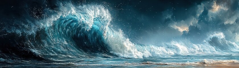 Obraz premium Majestic Ocean Waves Crashing Under Dramatic Sky at Sunset Capturing Nature's Power and Beauty