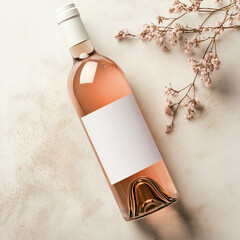 Mockup of a Rose wine bottle with blank label on a neutral beige background.