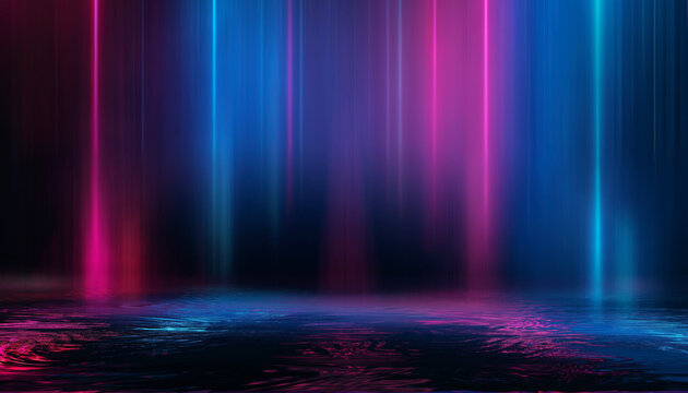 Abstract neon dark background, smoke, smog, rays, reflection in water.