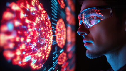 scientist analyzing a holographic digital brain interface, exploring AI, neural connections, and futuristic advancements in neuroscience and cognitive research.banner