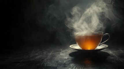 A smoky tea cup with dramatic lighting and a dark background