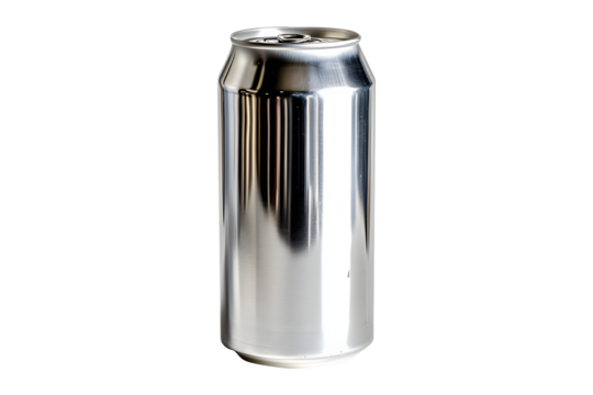 Aluminum silver small soda can tall isolated on cut out PNG or transparent background. Realistic bottle soft drink template pattern. Composition suitable for advertising and brand purposes.