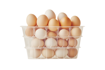Egg box plastic clear with brown, white eggs. Packed for sale in stores or supermarkets. Fresh organic chicken eggs in pack or container. Packaging. Isolated on cut out PNG or transparent background.