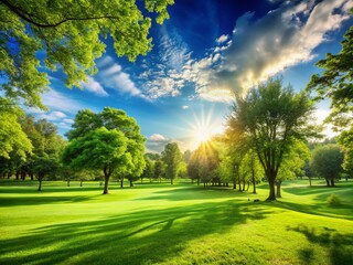 Obraz premium Sunlit Park Landscape: Lush Green Lawn, Vibrant Trees, Blue Sky - Perfect for Text Overlay