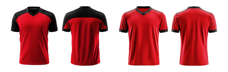 Red and black jersey template for team clubs, jersey sport, front and back isolated on a transparent background, cut out, png, Tshirt mockup sports jersey template design