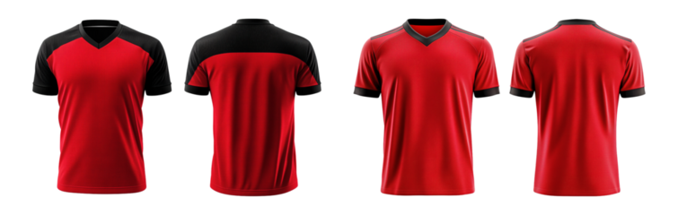Red and black jersey template for team clubs, jersey sport, front and back isolated on a transparent background, cut out, png, Tshirt mockup sports jersey template design