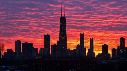 Obraz premium Chicago skyline at fiery sunset. Silhouette of city buildings against a vibrant, red-pink sunset sky